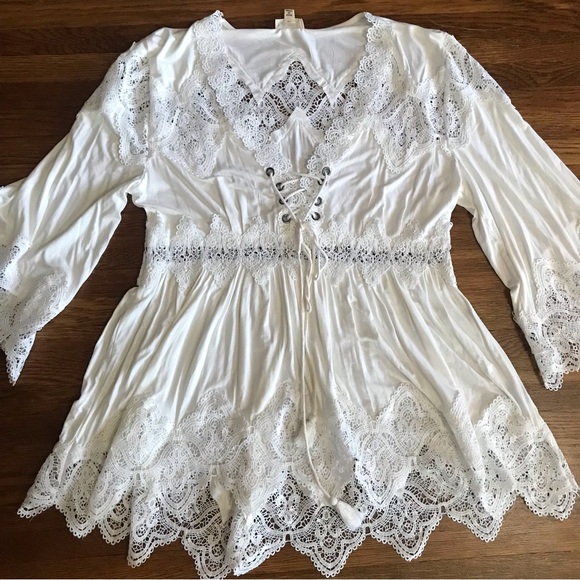 SOLD Pol L white lace boho blouse bell sleeve fairy corset beachy - Picture 2 of 9